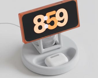 Supporto da scrivania moderno con orologio e porta auricolari – Stazione di ricarica