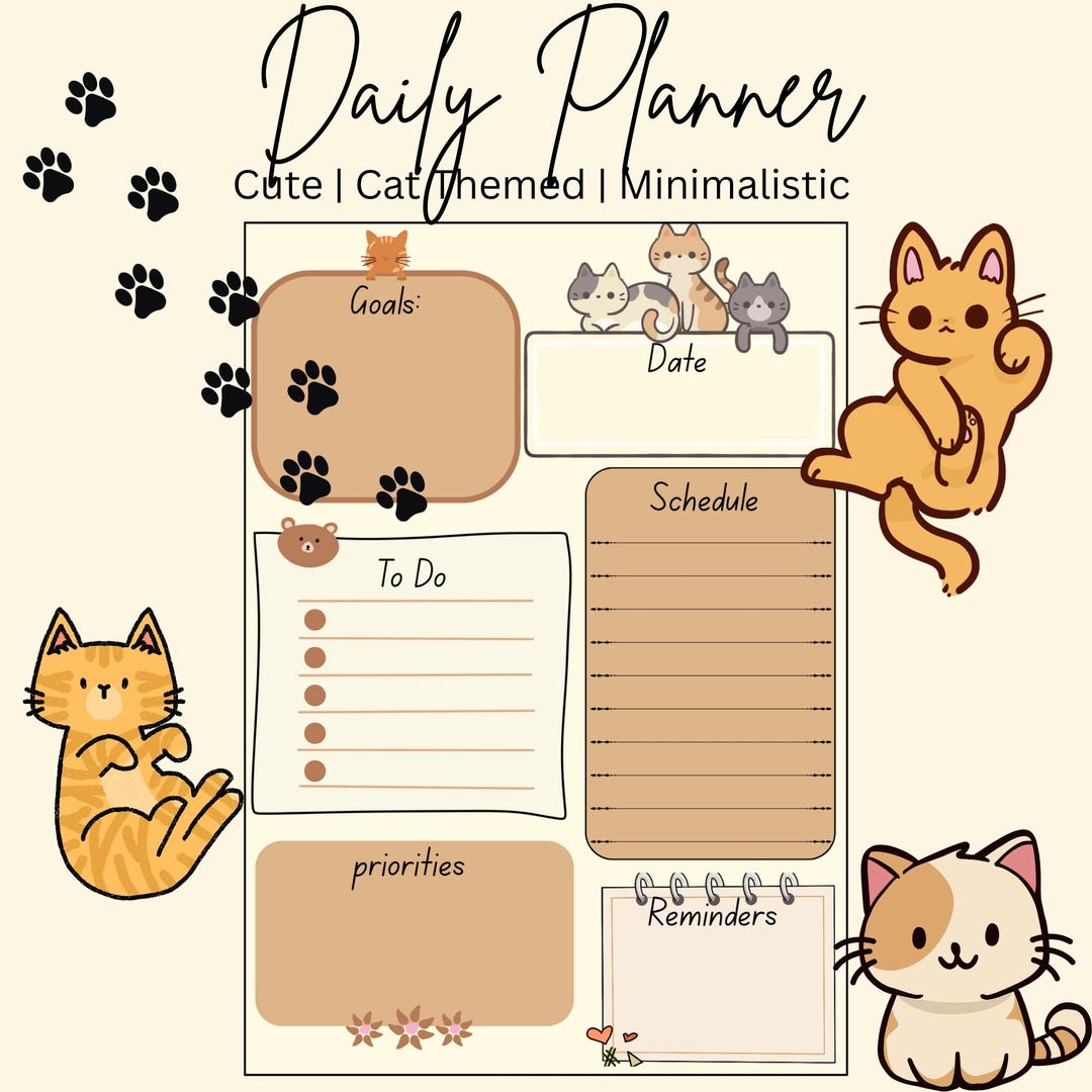 Cat Daily Planner Printable | Beige Aesthetic to Do List, Cute Cat ...