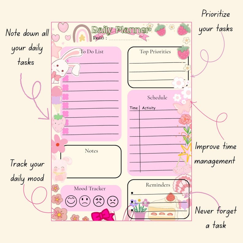 Cute Kawaii Daily Planner Printable | Pastel Pink & Beige Aesthetic ...