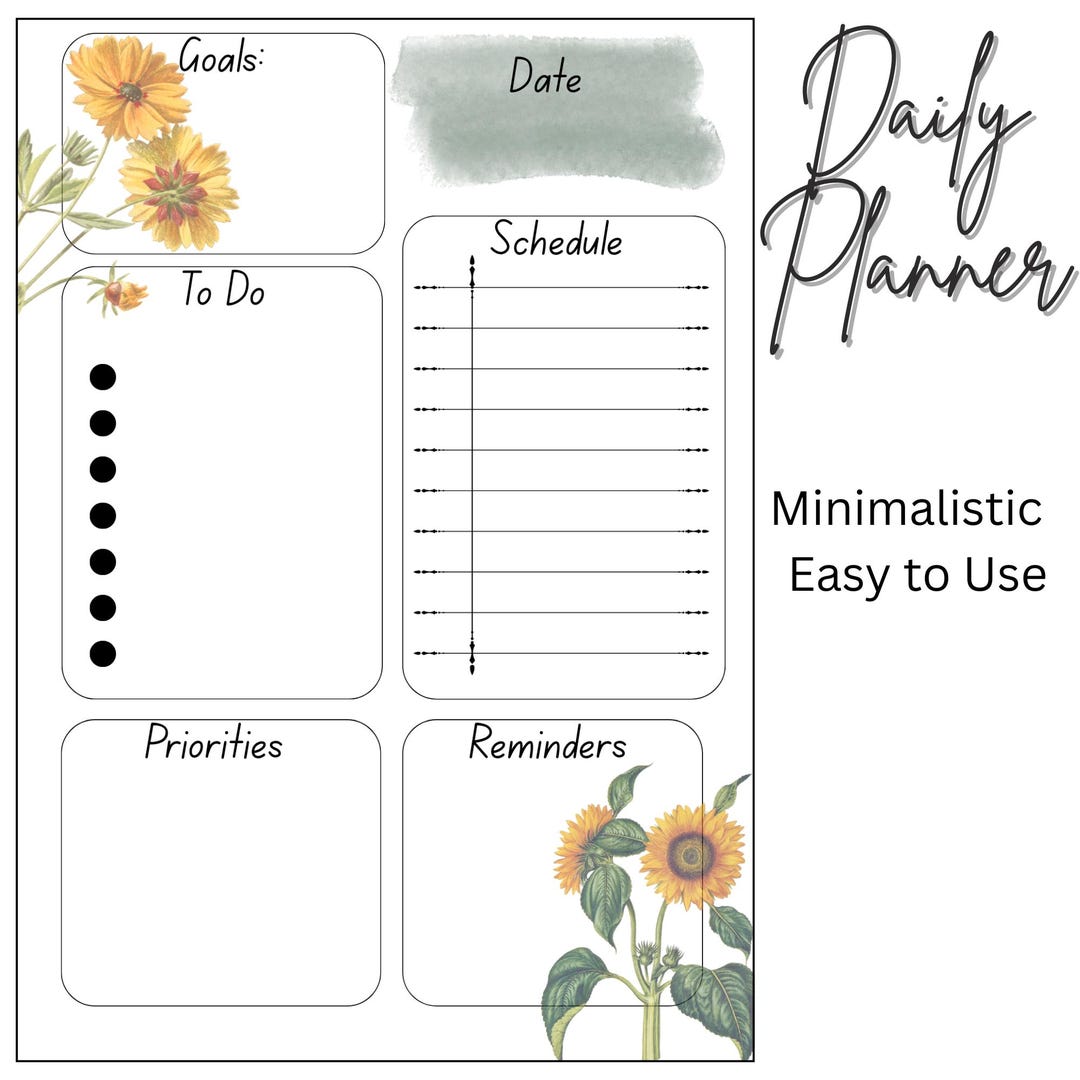 Sunflower Daily Planner Printable, Minimalist To-do List (A4 & US ...