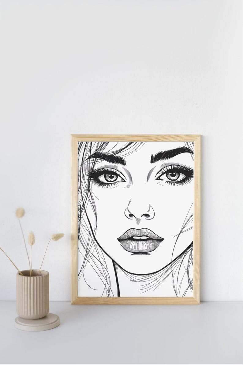 Minimalist Line Drawing of Female Face - Digital Art Print, Modern Wall ...