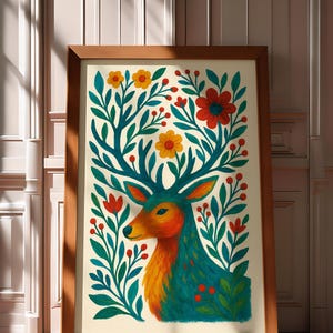 Scandinavian Folk Art Poster, Vibrant Hand Painted Wall Art, Nordic Boho Print, Colorful Floral Illustration, Digital Download, Hygge Decor