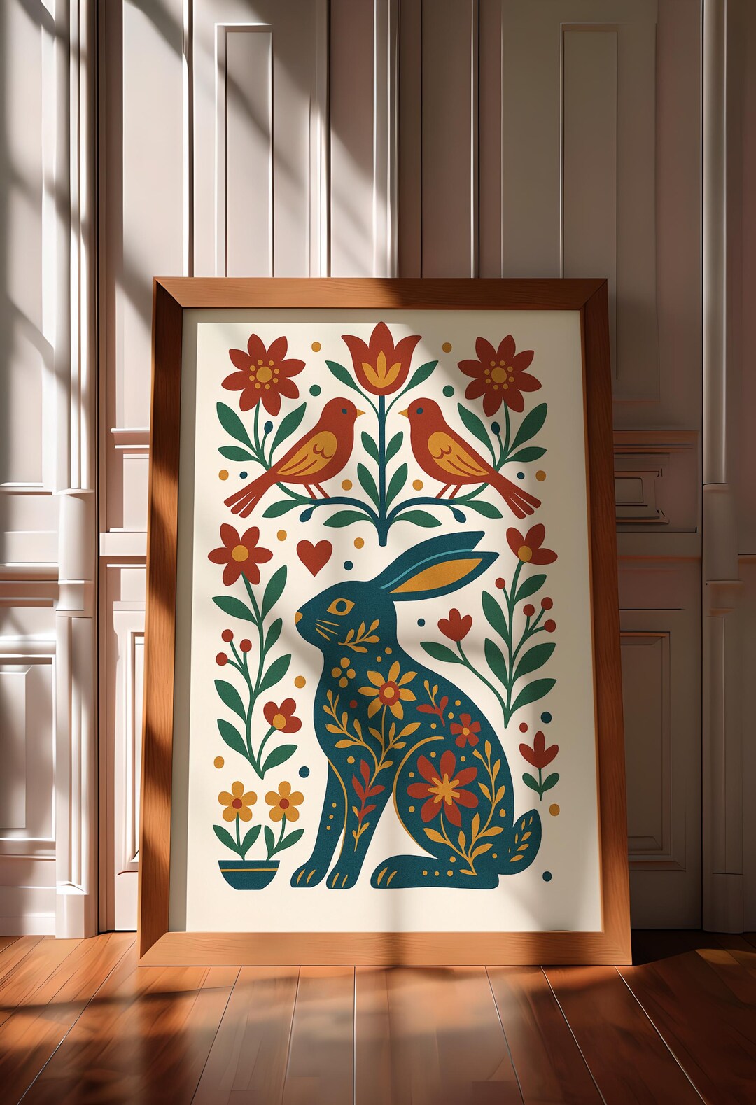 Scandinavian Folk Art Rabbit Print | Nordic Hare Wall Art | Rustic Boho ...