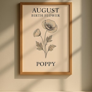 August Birthday Gift Poppy Birth Flower Print, Poster, Gift for Her, Downloadable Wall Art, Digital Art, Botanical, Printable Art | Floral