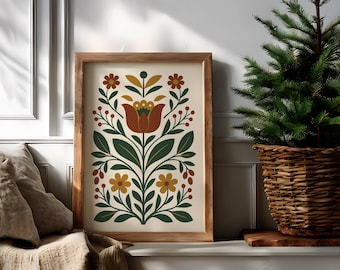 Scandinavian Floral Folk Art Print – Nordic Botanical Wall Art, Rustic Autumn Colors Poster, Boho Cottagecore Home Decor, Digital Download