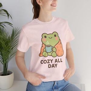 Kawaii Frog Cozy Shirt - Cute Aesthetic T-Shirt - Cozy All Day - Cottagecore Clothing - Pastel Gift for Her - Frog Lover Graphic Tee