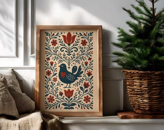 Scandinavian Folk Art Print, Nordic Wall Art, Boho Floral Bird Poster, Hygge Home Decor, Rustic Country Home Printable Art, Digital Download