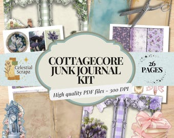 May include: A digital Cottagecore Junk Journal Kit with various decorative elements. The kit includes pages with floral and vintage designs, frames, and the text "Cottagecore Junk Journal Kit" and "26 Pages". High quality PDF files.
