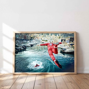 Charles Leclerc Ferrari Monaco GP Pool Jump Wall Art, Formula 1 Poster Print, F1 Canvas Decor, Motorsport Fan Gift, Fun Racing Artwork