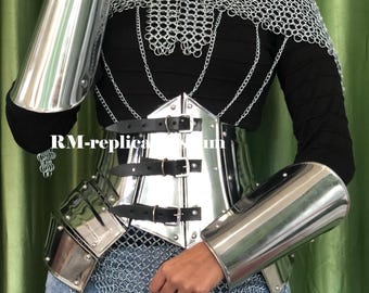 Medieval Steel Lady Waist Armor w/Arm Bracers Fantasy Chainmail Costume LARP Women's Armour Cosplay Female Knight Suit Corset LARP Halloween