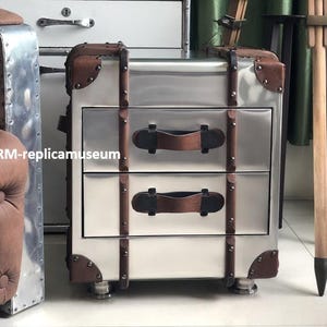 Aviator Aluminum Trunk 2 Drawer Side Table Metal Finish Bedside Nightstand Aviator End Table Coffee Table Living Room Home Office Furniture