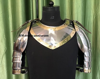 Shoulders Armor Set Pair of Pauldrons w/Gorget Steel LARP Armour Cosplay Roleplay Medieval Knight Halloween Costume 18 Gauge Steel Spaulders