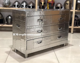 Cómoda Aviator Spitfire de 4 cajones de aluminio, estilo moderno de mediados de siglo, clásica, para el hogar, oficina, muebles industriales, mesa auxiliar, almacenamiento, mesita de noche, cómoda lateral