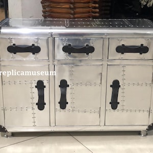Aviator Storage Trunk Cabinet Sideboard End Table Industrial Aviation Furniture for Livingroom, Bedroom Mid Century Home & Office Decor