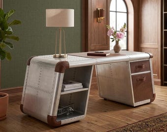 Aviator Executive Writing Desk Aluminum Riveted Industrial Airplane Style Home & Office Furniture Two Drawer/ Slave