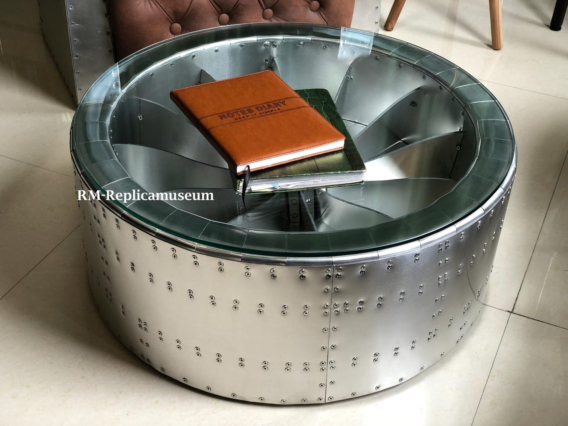 Aviator Round Coffee Table Jet Engine Turbine Center Table With Glass ...