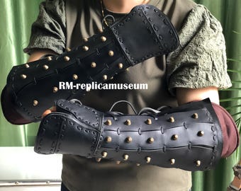 Black Samurai Leather bracers, Medieval LARP cosplay leather - metal riveted pair of bracers fantasy roleplay- Arm Guard Halloween Costume