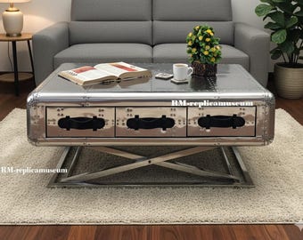 Mesa de centro estilo aviador, estilo mediados de siglo, con almacenamiento, de aluminio, para sala de estar, mesa auxiliar, armario, decoración para el hogar y la oficina.