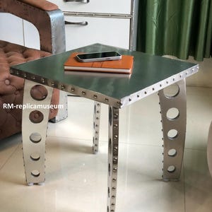 Aviator Side Table Living Room Decor End Table Square Shape Aluminum Riveted Aircraft Nightstand, Tea Coffee, Displaying Decor, Lamps, Books