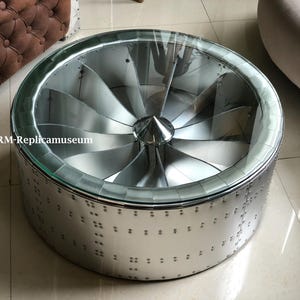 Aviator Round Coffee Table Jet Engine Turbine Center Table with Glass Aluminum Aviation Furniture Modern Industrial Table Home Office Decor