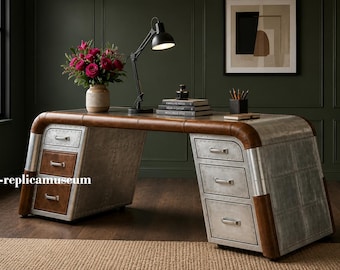 Aviator Executive Desk – Industrial Aluminum & Leather, 6-Drawer Pilot-Inspired Computer Desk Home Office Decor Furniture