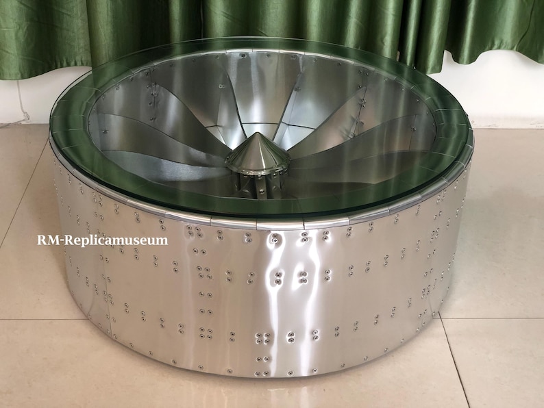 Aviator Round Coffee Table Jet Engine Turbine Center Table With Glass ...