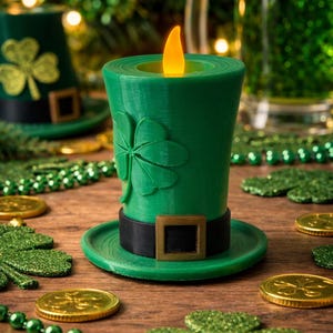 May include: A green candle shaped like a leprechaun hat with a shamrock, black band, and gold buckle. The candle has a flickering orange flame. Gold coins, shamrock decorations, and a mug of green beer are in the background.