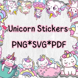 Unicorn Digital Sticker Pack, 15 Printable Unicorn Stickers SVG PNG PDF, GoodNotes Stickers, Cricut Cut Files, Kawaii Fantasy Stickers