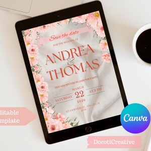 Pink Floral Save the Date Invitation | Editable Canva Template | Blush Pink Peony Wedding Card | Instant Download Printable Wedding Announce