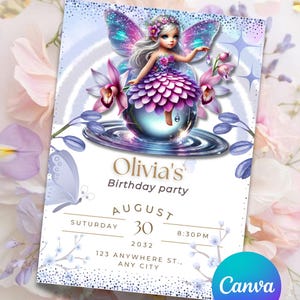 Fairy Birthday Invitation Template – Editable Fairy Party Invite for Girls – Purple Floral Digital Download – Canva Template - Printable