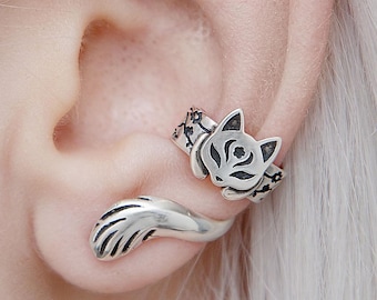 Kitsune Ear Cuff Silver Japanese Cat Earrings No Piercing Cartilage Cuff for Anime Lovers