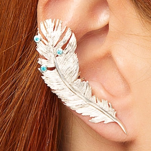 Feather ear cuff no piercing earring sterling silver cartilage cuff