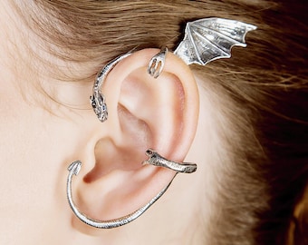 Drachen Ohrmanschette, silberfarben, Fantasy Ohrschmuck, kein Piercing, Gothic Elfen Ohrschmuck