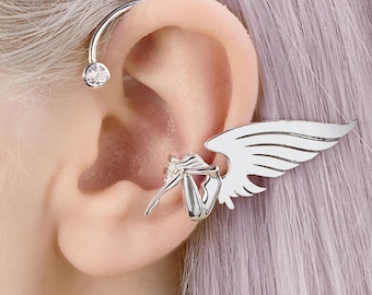 Angel Wing Ear Cuff – Sterling Silver Fantasy Earring with CZ, No Piercing