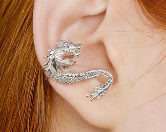 Dragon Ear Cuff – Silver Cartilage Earring, No Piercing, Fantasy Jewelry