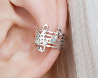Sterling Silver Treble Clef Ear Cuff: No Piercing Music Jewelry