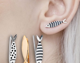 Fish Ear Climbers – Asymmetrical Sterling Silver Climber Earrings Set, Mix and Match Jewelry