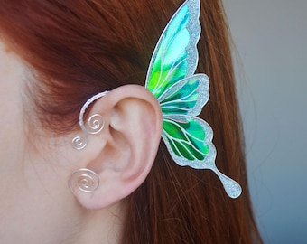Feenflügel Ohrmanschette - Schillernde Grün-Blaue Elfenohrringe, glitzernder Schmuck ohne Piercing