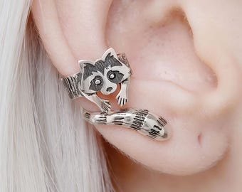 Raccoon Ear Cuff Sterling Silver Cartilage Earrings No Piercing Animal Jewelry