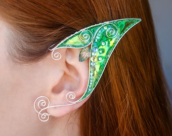 Elf Ear Cuff – Iridescent Green Fairy Earring with Leaf Beads, No Piercing Jewelry