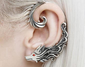 Wolf Ear Cuff Sterling Silver Fox Spirit Earring with Red Gemstone Eyes