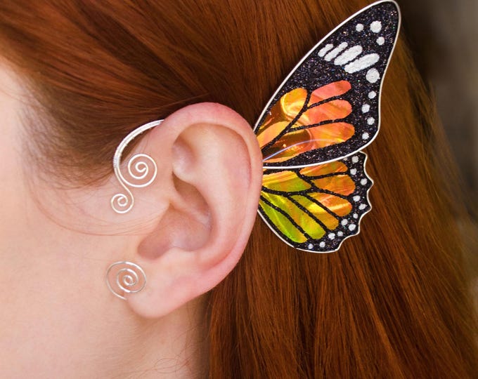 Fairy Wing Ear Cuff – Monarch Butterfly Earring with Iridescent Film, Handmade Fantasy Jewelry