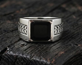 Anillo de sello para hombre con ónix negro, anillo cuadrado de plata de ley 925 con piedra preciosa, regalo para él.