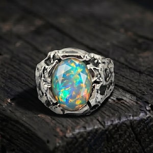 Zegelring Ethiopische opaal, 925 sterlingzilver, handgemaakte vintage band, cadeau voor hem
