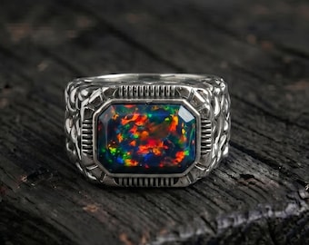 Schwarzer Opal Siegelring für Herren, Sterlingsilber, strukturiertes Band, moderner Vintage-Stil