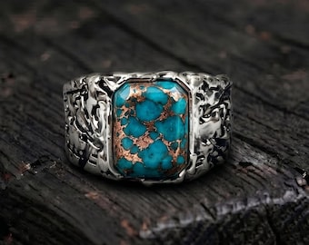 Men's Sterling Silver Turquoise Ring, Handmade Promise Band