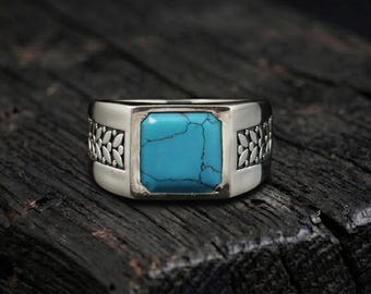 Natural Turquoise Men's Ring,  925 Sterling Silver Square Gemstone Ring, Gift For Him/Husband