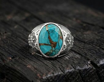 Anillo de sello para hombre de cobre y turquesa, anillo llamativo hecho a mano en plata de ley 925, regalo para él.