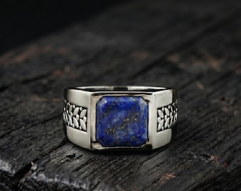 Men’s Lapis Lazuli Signet Ring, 925 Sterling Silver Square Gemstone Ring, Gift For Him