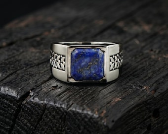 Anillo de sello para hombre con lapislázuli, anillo cuadrado de plata de ley 925 con piedra preciosa, regalo para él.